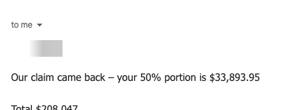 Email from an agency partner: our claim came back — your 50% portion is $33,893.95, total $208,047