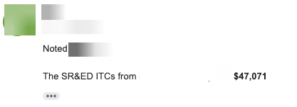 Email: the SR&ED ITCs from two engineers total $47,071