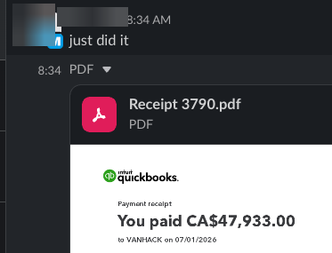 Slack message with QuickBooks receipt: you paid CA$47,933.00 to VanHack