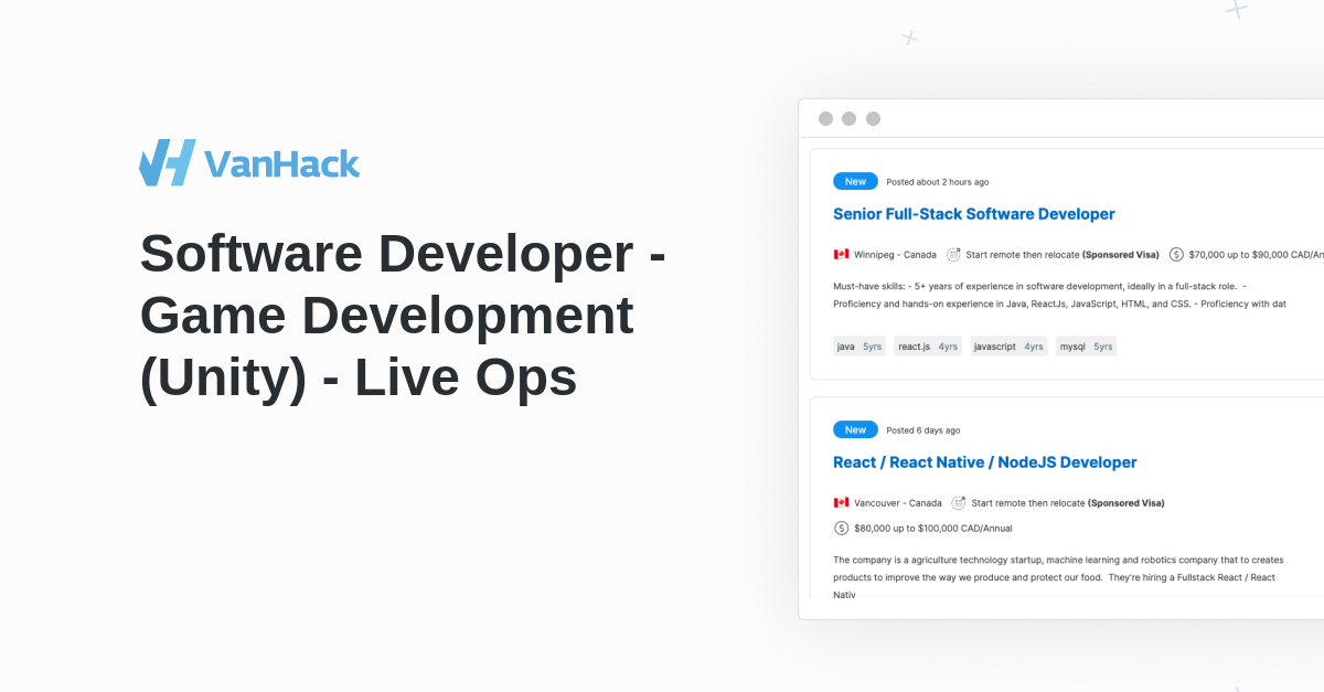 Software Developer - Game Development (Unity) - Live Ops - VanHack