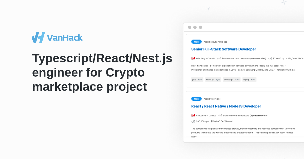 Typescript/React/Nest.js engineer for Crypto marketplace project - VanHack